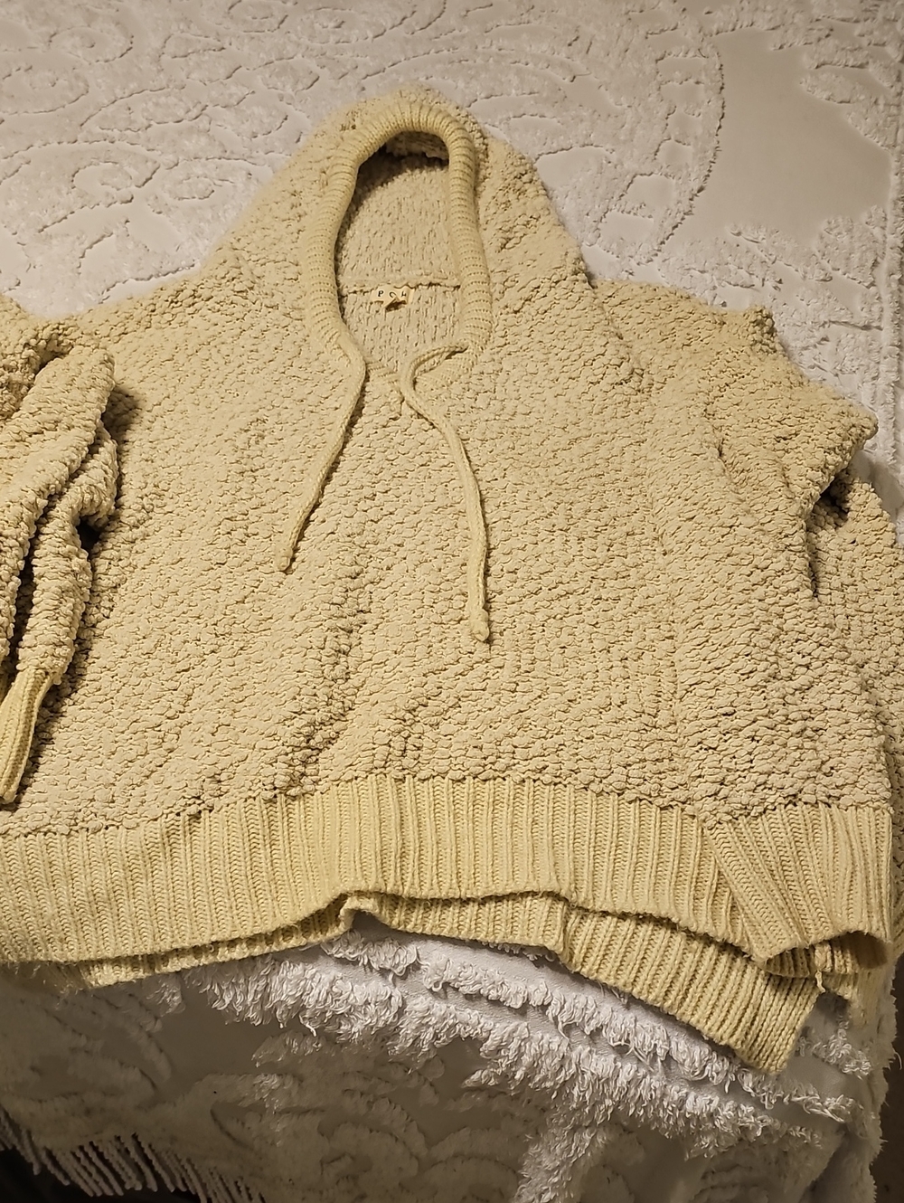 POL Popcorn-Knit Hooded Sweater in Pale Yellow